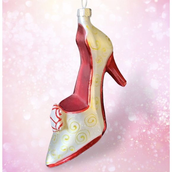 Blown Glass Stilleto High Heeled Shoe Ornament, Hand Painted Red Silver & Gold - Picture 1 of 9